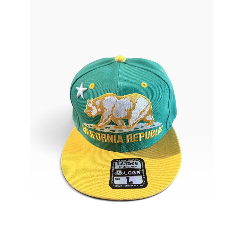 L.O.G.A. California Republic Snapback Hat Green Yellow Bear Flat Brim Cap Large